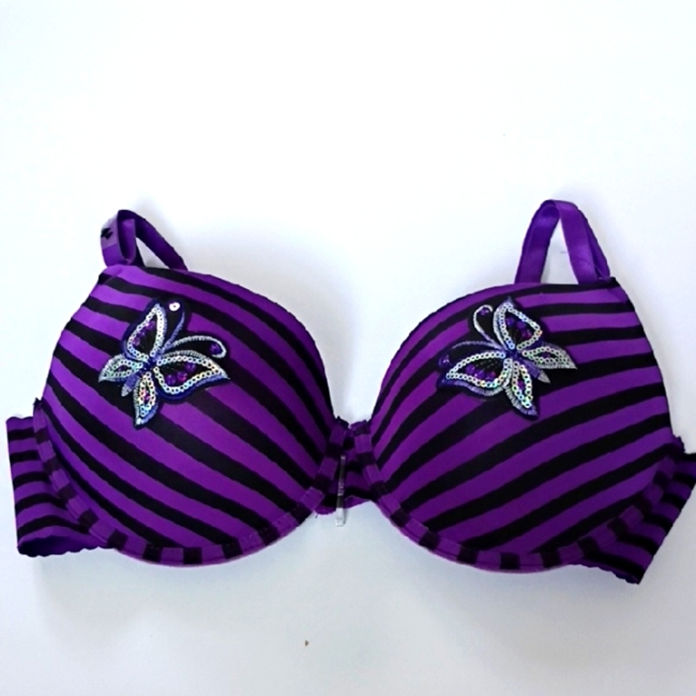 Purple Striped Women's Bra with Embellished Design
